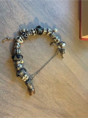Pandora Sterling Silver Charm Bracelet Black, White- 18 charms, 1 safety chain